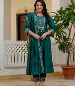Teal embroidered viscose roman silk kurta set with dupatta