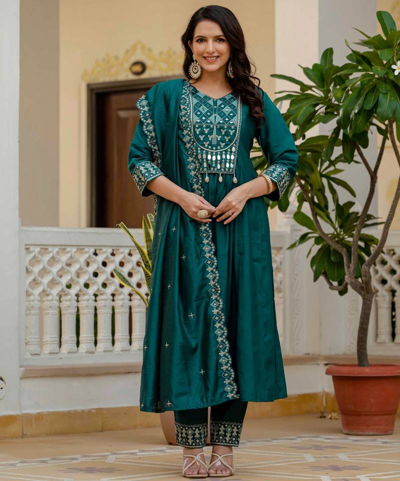 Teal embroidered viscose roman silk kurta set with dupatta