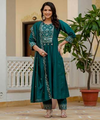 Teal embroidered viscose roman silk kurta set with dupatta 2