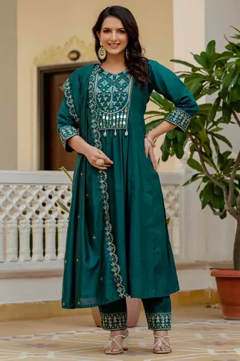 Teal embroidered viscose roman silk kurta set with dupatta