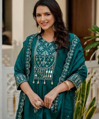 Teal embroidered viscose roman silk kurta set with dupatta 3