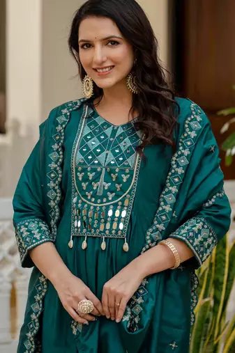 Teal embroidered viscose roman silk kurta set with dupatta