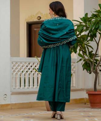 Teal embroidered viscose roman silk kurta set with dupatta 4