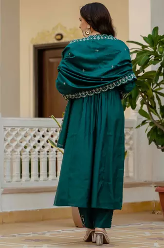 Teal embroidered viscose roman silk kurta set with dupatta
