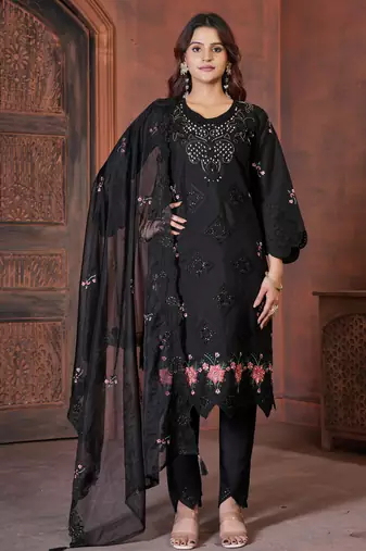 Black embroidered viscose roman kurta set with dupatta