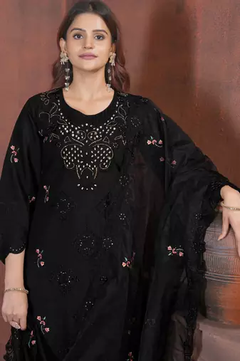 Black embroidered viscose roman kurta set with dupatta