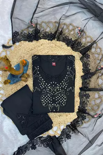 Black embroidered viscose roman kurta set with dupatta
