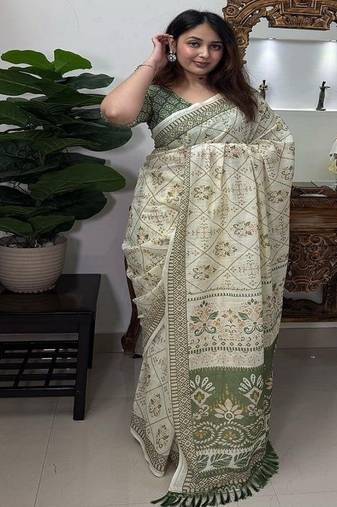 Women’s soft plain linen cotton saree with kalamkari ultra hd digital print, wax finish & handmade zalar