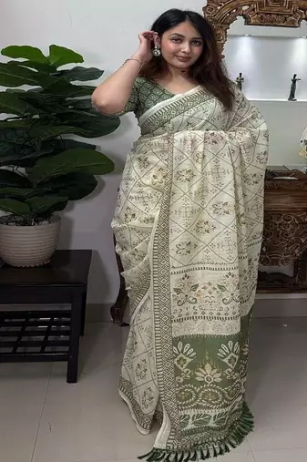 Women’s soft plain linen cotton saree with kalamkari ultra hd digital print, wax finish & handmade zalar