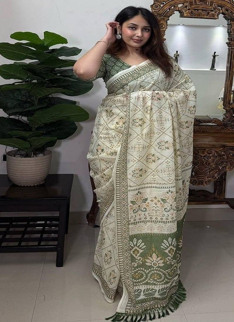 Women’s soft plain linen cotton saree with kalamkari ultra hd digital print, wax finish & handmade zalar