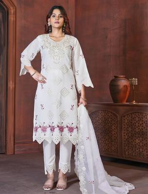 White embroidered viscose roman kurta set with dupatta 1