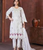 White embroidered viscose roman kurta set with dupatta