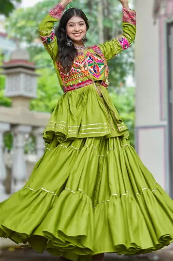 green cotton navratri lehenga choli with gamthi work