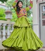 green cotton navratri lehenga choli with gamthi work