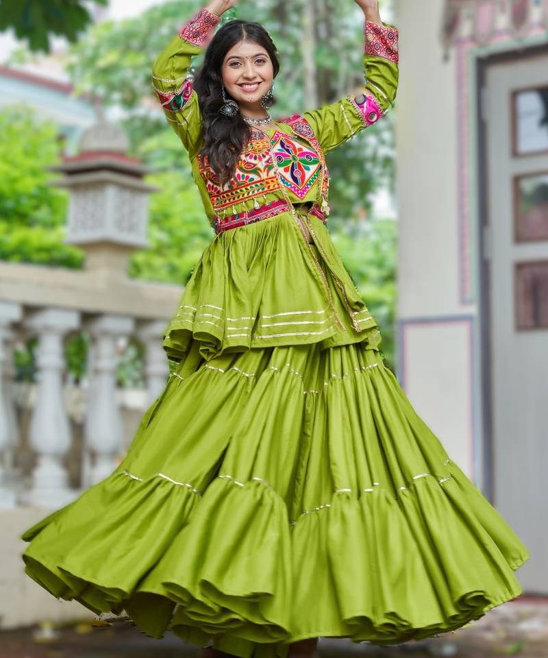 green cotton navratri lehenga choli with gamthi work