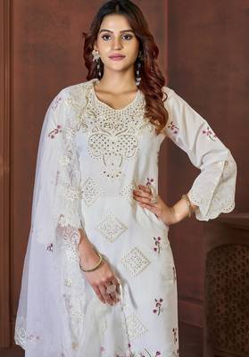 White embroidered viscose roman kurta set with dupatta 2