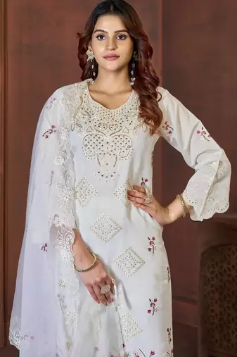 White embroidered viscose roman kurta set with dupatta