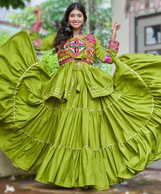 green cotton navratri lehenga choli with gamthi work 2