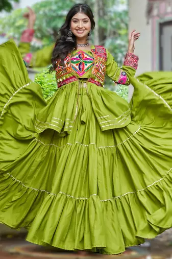 green cotton navratri lehenga choli with gamthi work