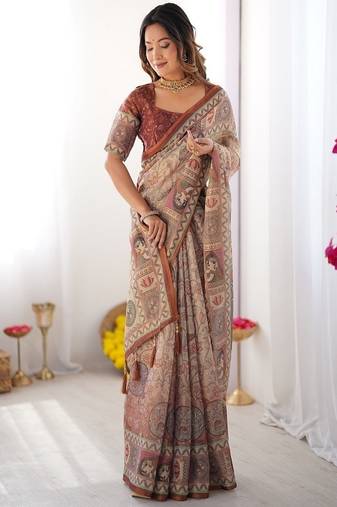 Beige handloom cotton saree with royal faces & elephant pallu motif