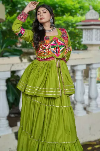 green cotton navratri lehenga choli with gamthi work