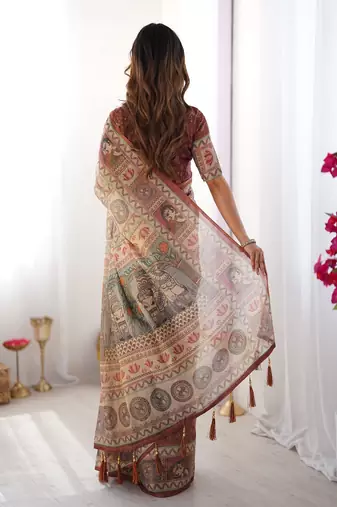 Beige handloom cotton saree with royal faces & elephant pallu motif