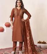 Brown embroidered roman silk kurta set with dupatta
