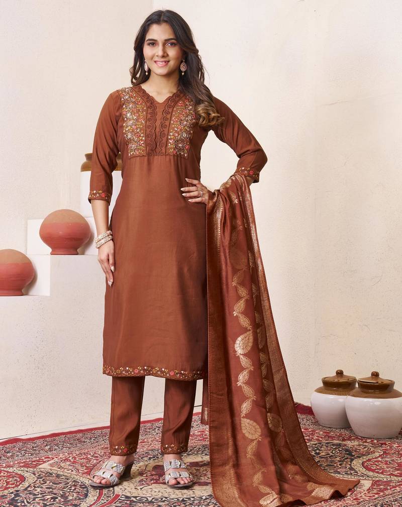 Brown embroidered roman silk kurta set with dupatta