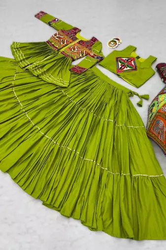 green cotton navratri lehenga choli with gamthi work