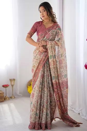 Blush cream handloom linen cotton saree with artistic bird motif pallu