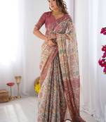 Blush cream handloom linen cotton saree with artistic bird motif pallu