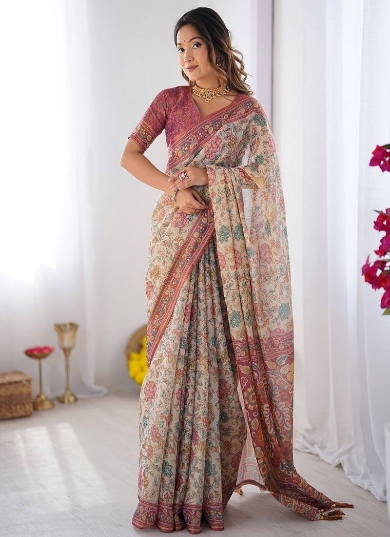 Blush cream handloom linen cotton saree with artistic bird motif pallu