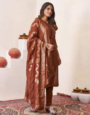 Brown embroidered roman silk kurta set with dupatta 2