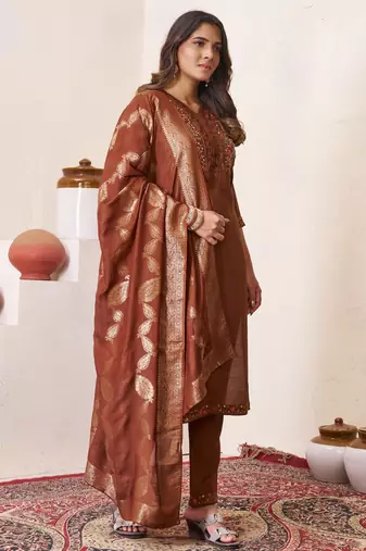 Brown embroidered roman silk kurta set with dupatta