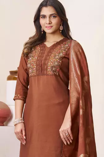 Brown embroidered roman silk kurta set with dupatta
