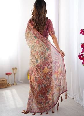 Blush cream handloom linen cotton saree with artistic bird motif pallu 3