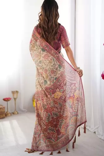 Blush cream handloom linen cotton saree with artistic bird motif pallu