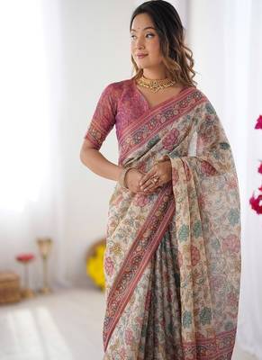 Blush cream handloom linen cotton saree with artistic bird motif pallu 1