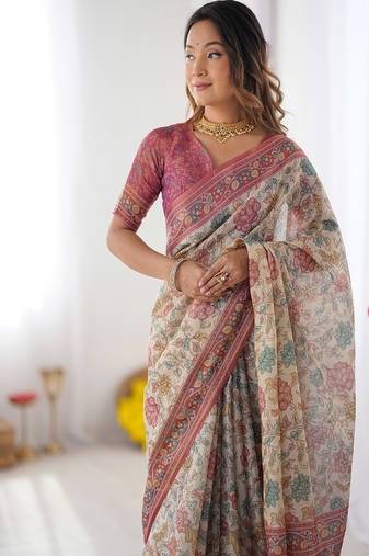 Blush cream handloom linen cotton saree with artistic bird motif pallu