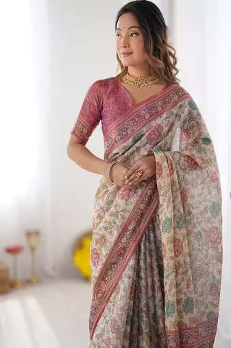 Blush cream handloom linen cotton saree with artistic bird motif pallu