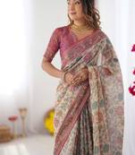Blush cream handloom linen cotton saree with artistic bird motif pallu