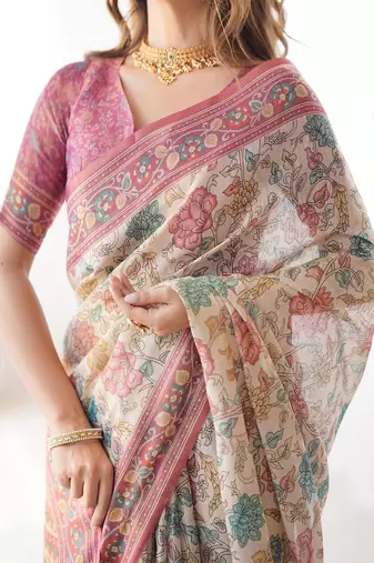 Blush cream handloom linen cotton saree with artistic bird motif pallu