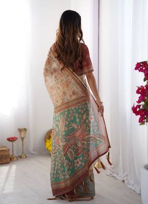 Beige handloom cotton saree with village life print and majestic peacock pallu 3