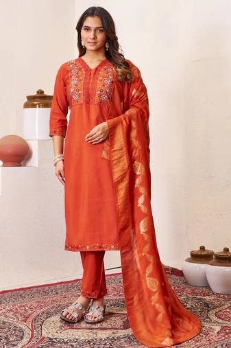 Orange embroidered roman silk kurta set with dupatta