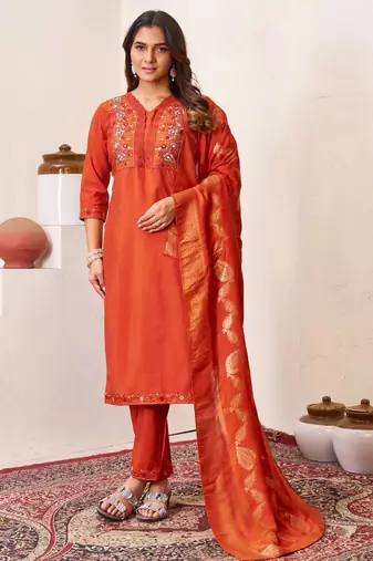 Orange embroidered roman silk kurta set with dupatta
