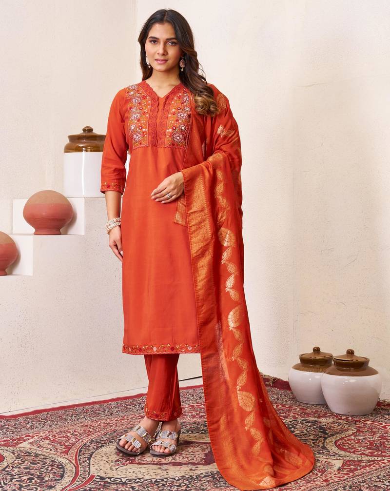 Orange embroidered roman silk kurta set with dupatta