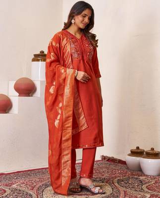 Orange embroidered roman silk kurta set with dupatta 2