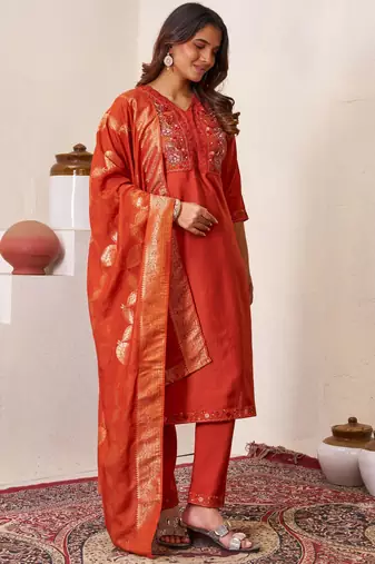 Orange embroidered roman silk kurta set with dupatta