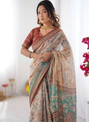 Beige handloom cotton saree with village life print and majestic peacock pallu 1
