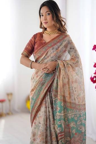 Beige handloom cotton saree with village life print and majestic peacock pallu